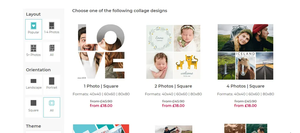 How to Make a Photo Collage. Screenshot of webshop showing canvas collage templates.