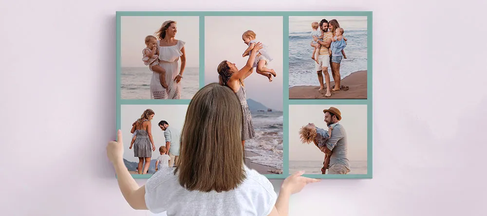 How to Make a Photo Collage. Woman hanging canvas photo collage on wall.