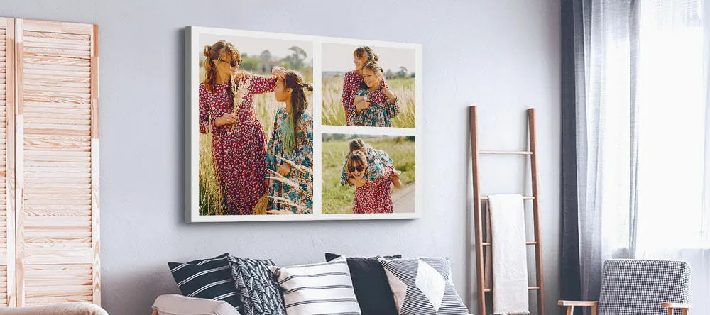 How to Make a Photo Collage. Canvas photo collage hanging on wall.