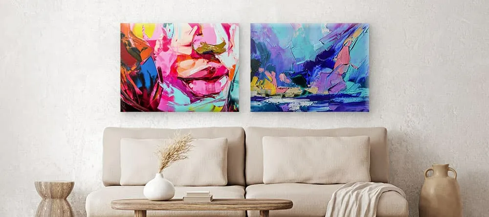 Quirky wall art: two abstract art canvas prints on the wall