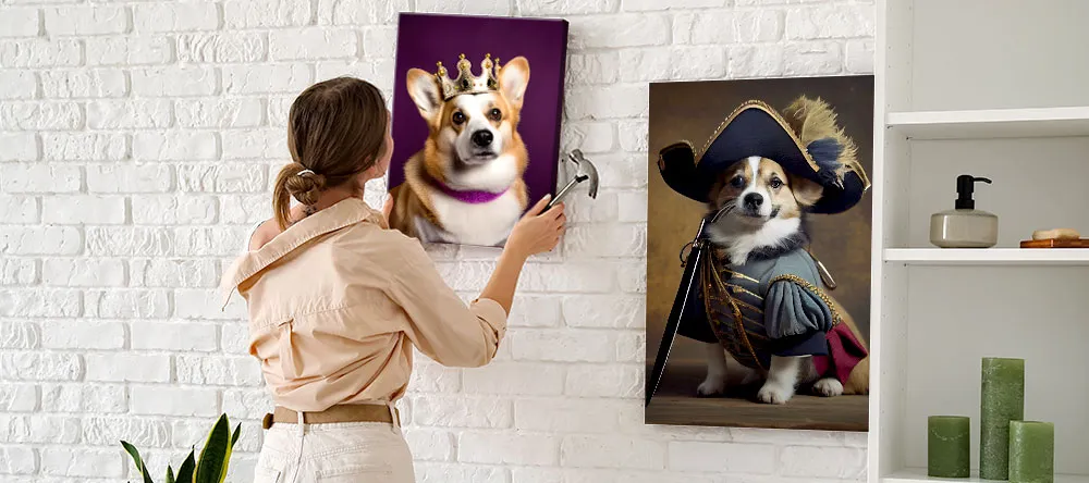 Dog Canvas Art: Man’s Best Friend on Canvas. A lady setting up her dog-themed canvas wall art. 