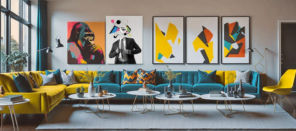 Abstract Art on Canvas. Canvas prints on living room wall with abstract designs.
