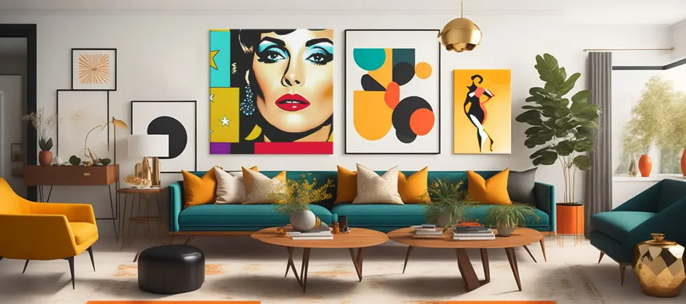 Pop art on Canvas. Pop art prints on wall in living room.
