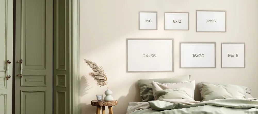 How to arrange photos on a wall: a wall art display demonstrating various print sizes