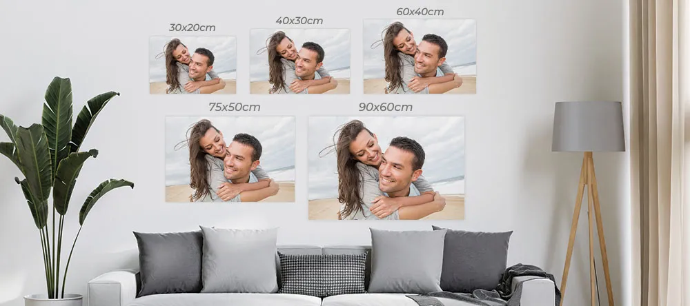 What is a standard poster size: five posters of different dimensions displayed on the wall