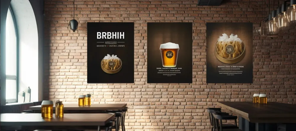Pub Wall Art. Pub with glasses of beer and prints on wall.