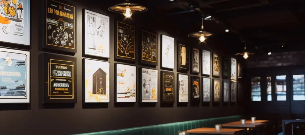 Pub Wall Art. Pub with prints on wall.