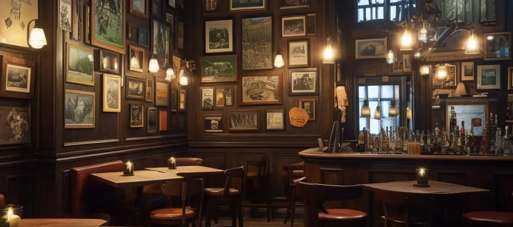 Pub Wall Art. Pub bar with tables and wall prints.