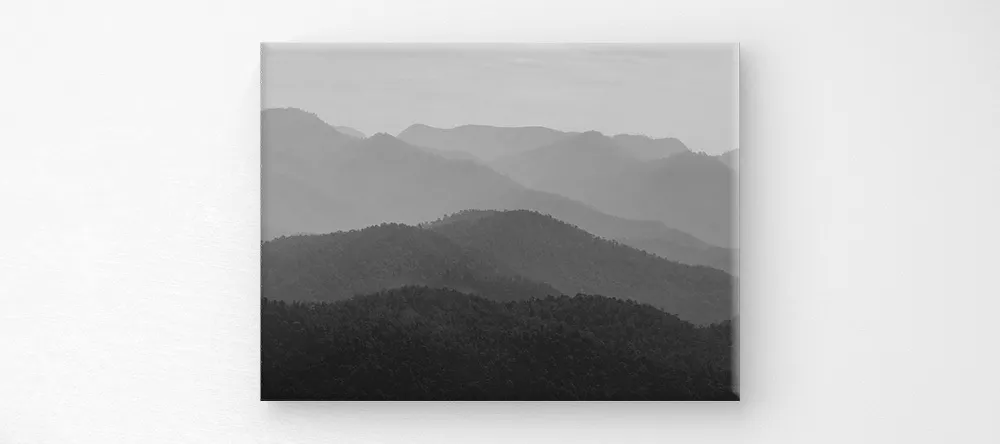 Black and White Canvas Wall Art. Monochrome canvas print featuring mountains.