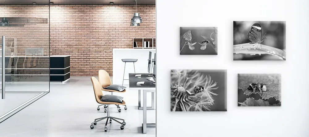 Black and White Canvas Wall Art. Office with monochrome canvas prints on wall.