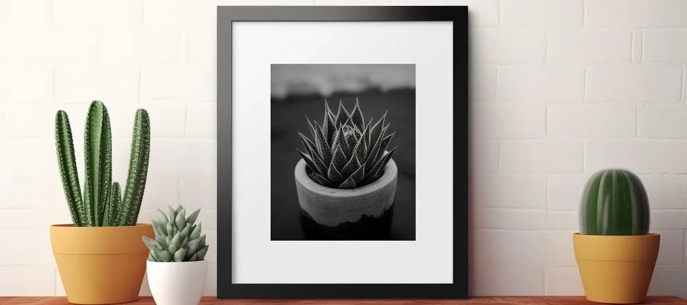 Glossy vs Matte Prints. Photo print leaning against wall with cacti.