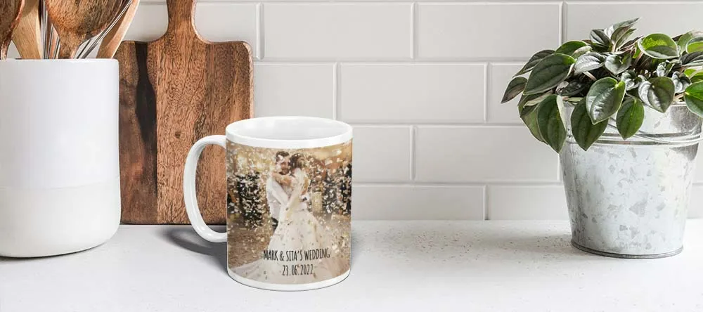 Mugs with Personalised Text. Mug with text on kitchen side.