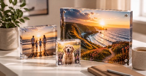 A wooden table displaying four acrylic prints and photo blocks in warm window light — a wide mountain-lake acrylic print, a family photo block, a Big Ben sunset acrylic print and a small golden-retriever acrylic block
