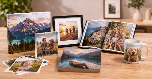 A family photo book, loose prints, a coastal canvas and a photo mug arranged on a wooden table — a spread of personalised photo products