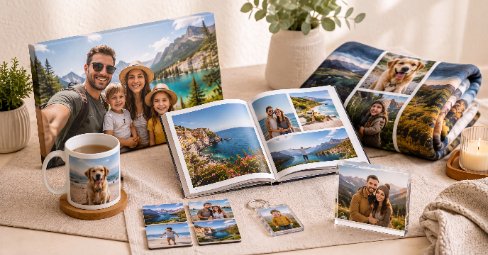 A selection of personalised photo gifts — a canvas print, photo book, photo mug and photo blanket — arranged together