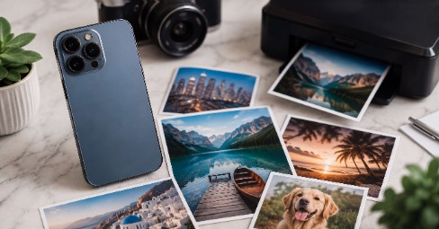 Person holding a smartphone showing a sharp holiday photo beside a printed canvas on the wall