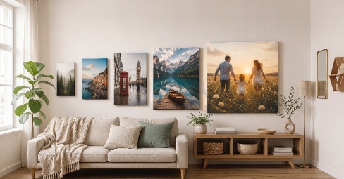A row of canvas prints in increasing sizes displayed above a beige living room sofa