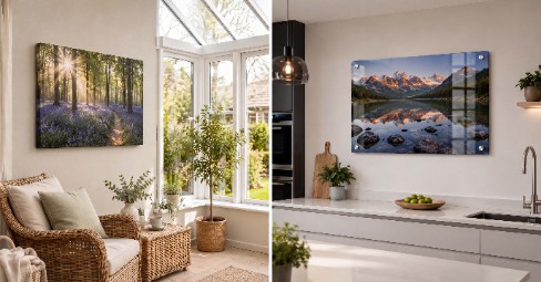 Canvas print and acrylic print of mountain landscapes side by side with brass scales and stacked coins — canvas vs acrylic prints cost and quality comparison