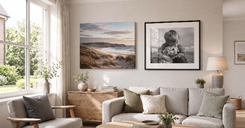 Gallery-wrapped canvas print of a mountain lake at sunset beside a framed lighthouse print with a white mount — canvas vs framed prints side by side