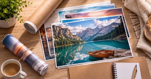 Several photo posters displayed around a desk against a white brick wall — a mountain-lake landscape, a beach-sunset couple on a wooden hanger, and loose prints of a city, a lake and a dog on the desk