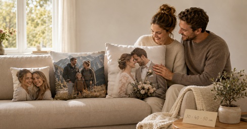 Three personalised photo cushions with different family photos and couple motifs on a living-room sofa