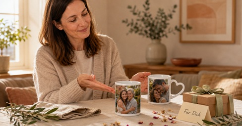 Woman in the kitchen holding a photo mug with a family photo next to two more photo mugs and a note reading My Photo Mug