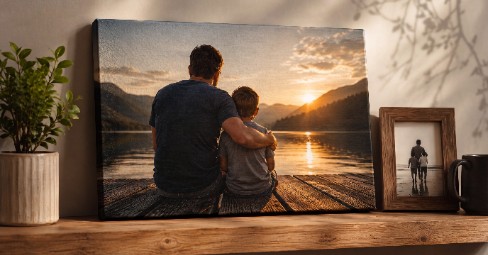 Father's Day canvas print of a multi-generation family above a living room sofa
