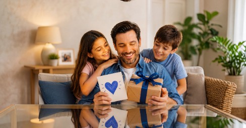 Father's Day gifts from daughter and son — handprint canvas, photo mug, photo blanket and framed family photo