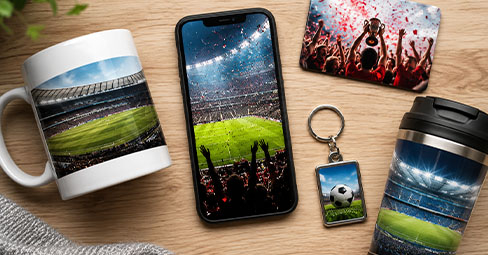 Personalised football fan gift collection featuring custom photo mugs, magnets, and keychains with football 2026 memories