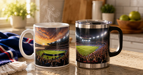 Collection of personalised football fan souvenirs including custom photo mugs, keychains, magnets, and towels arranged on a table