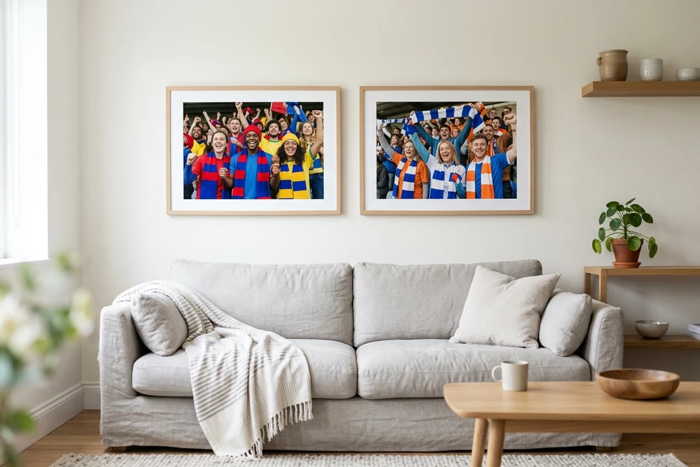 Two framed photos of football fans in national colours hung above a sofa in a bright living room