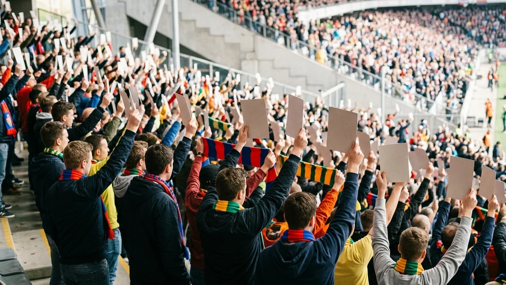 Football fans in a packed stadium holding up blank signs and team scarves
