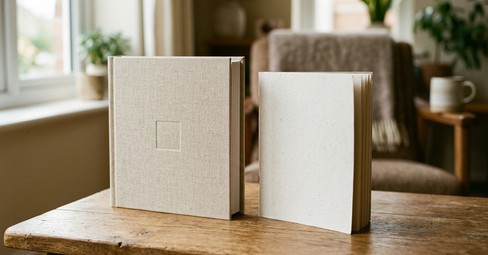 A hardcover photo book and a softcover photo book side by side, comparing the two cover types