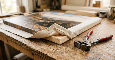 A maker stretching a printed landscape canvas over a pine frame in a busy print workshop
