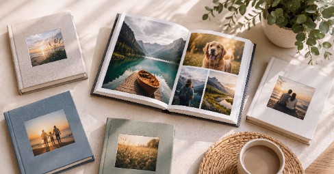 Flat-lay of open photo books and paper swatches showing wedding, family and travel spreads