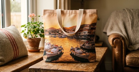 Jute photo tote bag printed with a laughing family on a beach, on a kitchen worktop