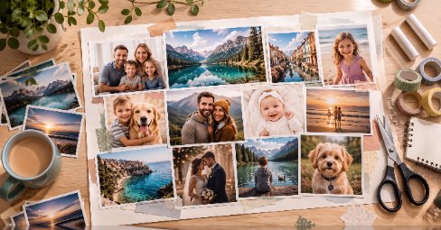 A photo collage of family and holiday pictures arranged in a neat grid, illustrating how to make a photo collage