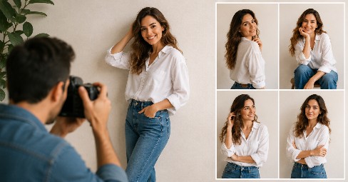 Photographer in a studio taking portraits of a smiling woman beside a strip of four posing examples