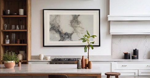 A bright modern British kitchen with a trio of framed prints hung above the breakfast bar