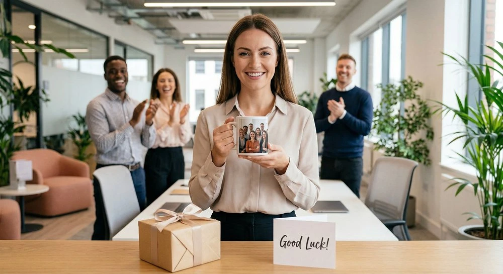 British woman holding a personalised photo mug as a leaving gift while colleagues celebrate in a modern office