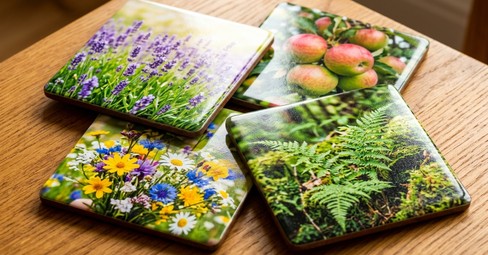 Photo coasters printed with UK landscapes on a wooden table beside a mug of tea