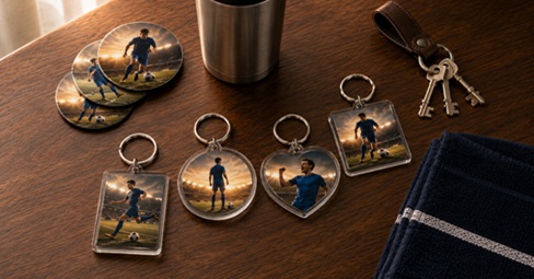 Personalised photo keyrings in different shapes alongside camera, sunglasses and travel mug on a light table