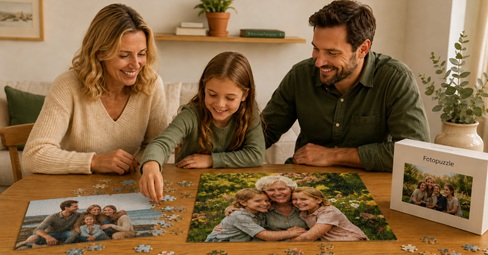 Family putting together a personalised photo puzzle with a grandmother and grandchildren motif at the dining table