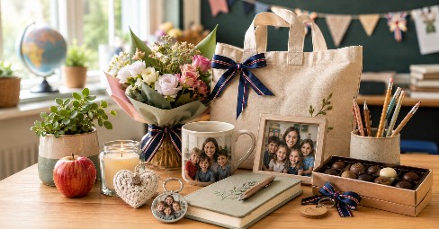 Personalised teacher gifts arranged on a classroom table — class photo mug, photo notebook, framed class photo, printed tote bag and a box of chocolates