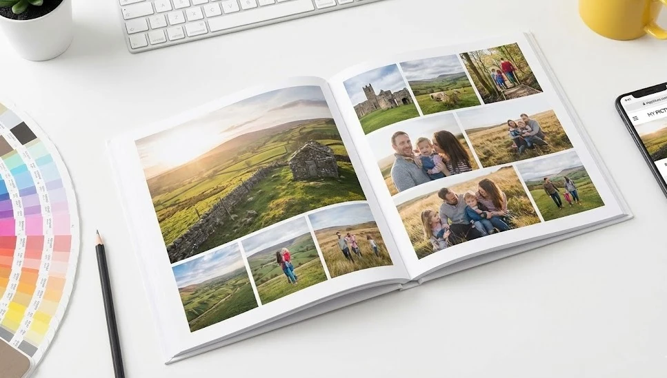 Flat lay of a desk with laptop, smartphone, and My Picture photo book during the photo selection process for a personalised photo album