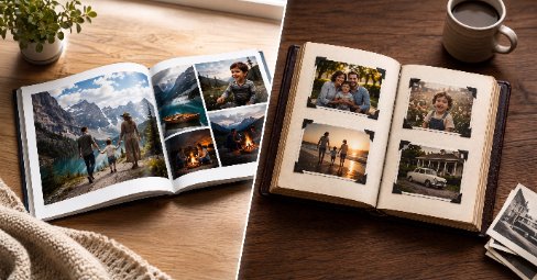 Open hardcover photo book with a mountain-lake spread beside a traditional photo album of mounted prints on a wooden table