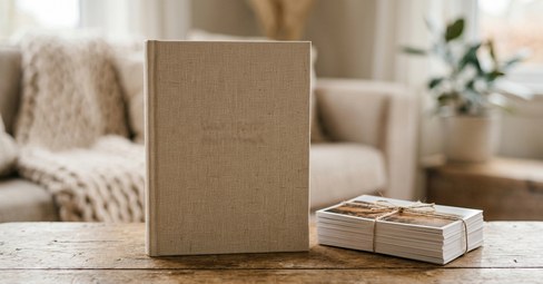 An open hardcover photo book beside a stack of loose photo prints, showing two ways to keep your photos