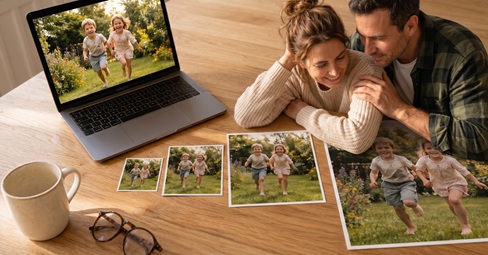 Tablet with family photo and a handwritten checklist: check resolution, choose format, place order
