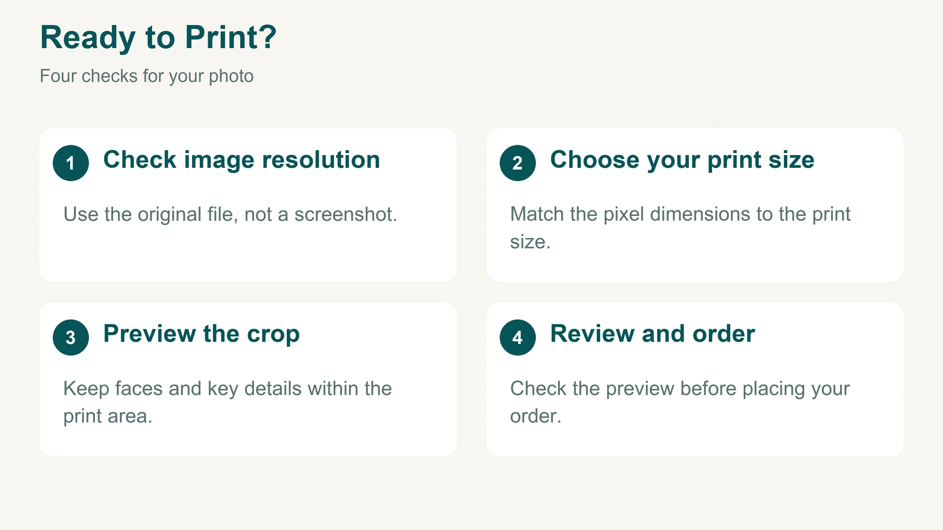 English checklist for checking resolution, print size and cropping
