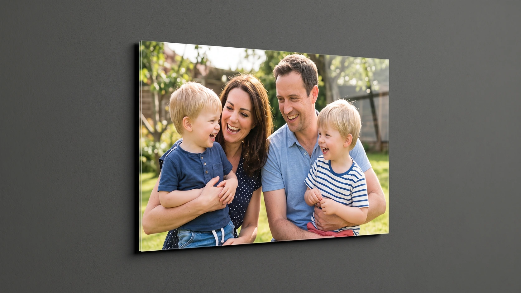 Glossy acrylic family-photo print with no visible front fixings